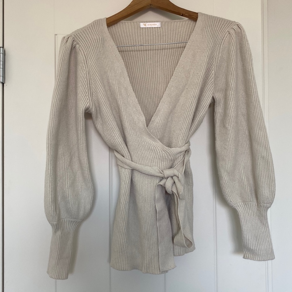 Women’s Wrap V Neck Sweater Top Balloon Sleeves Ribbed Knitted
